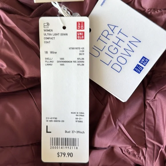 Uniqlo Women Ultra light Down Compact Coat Jacket Color Wine Size L - Picture 11 of 11